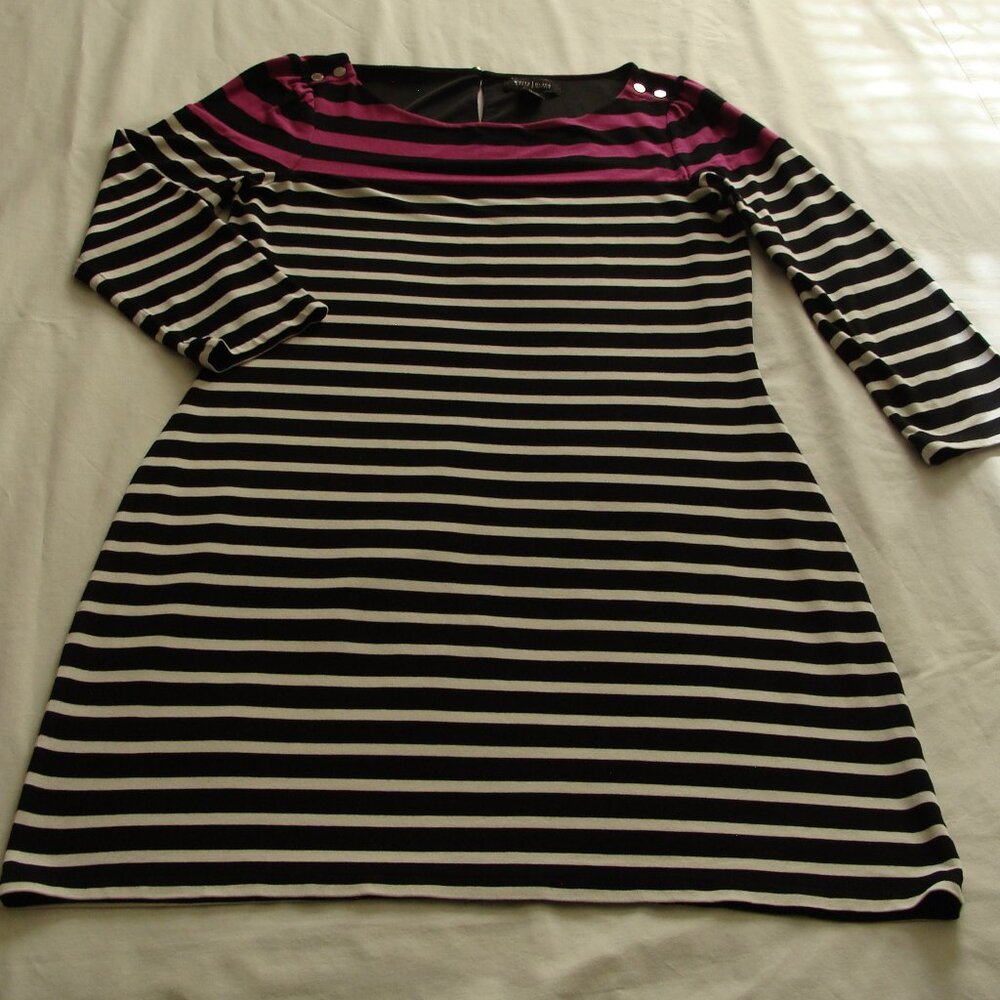 WHITE HOUSE BLACK MARKET Black & White STRIPE 3/4 Sleeve Stretch Knit DRESS Sz M